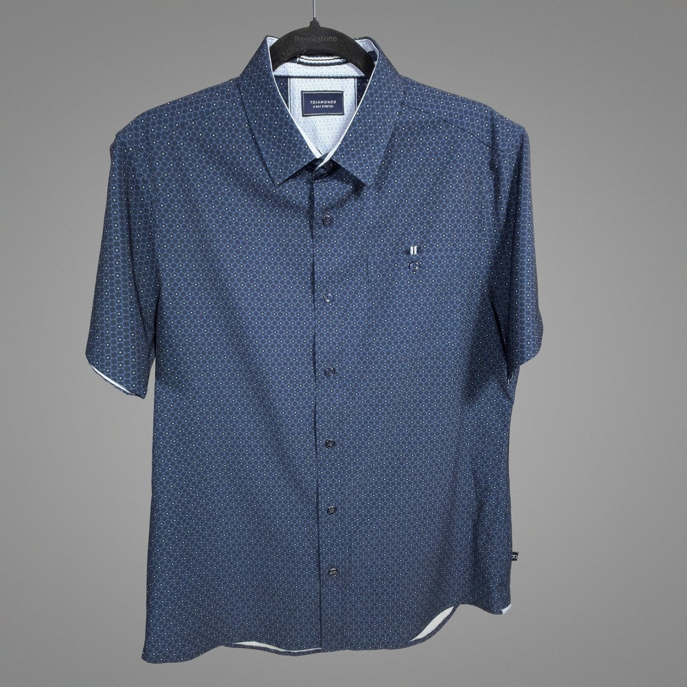 7Diamonds Button Down Shirt Small Mens 4-Way Stretch Curtain Call Navy Blue